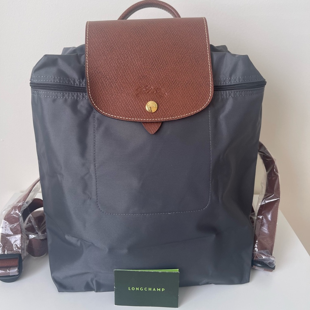 Longchamp Nylon Backpack in Black with Brown Leather Flap
